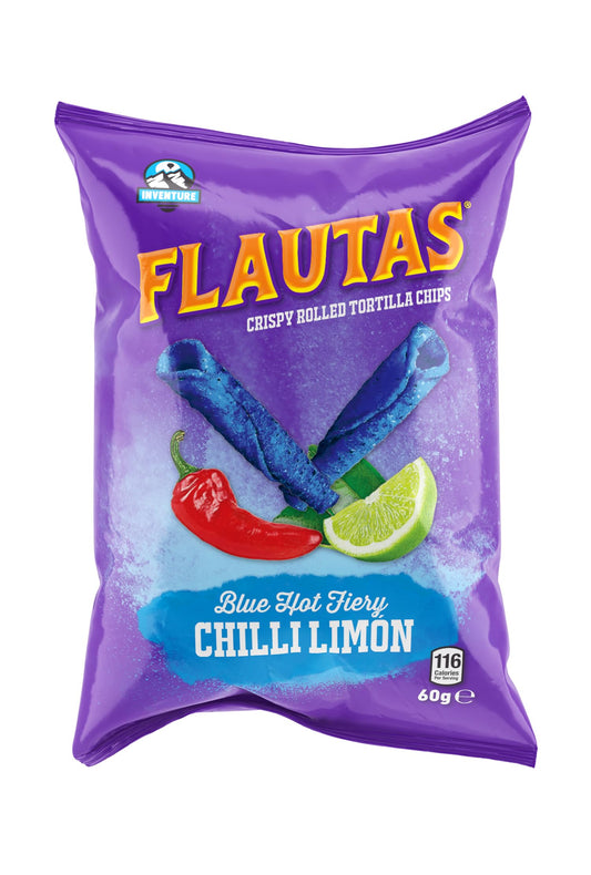 Inventure Flautas Blue Hot Fiery Chilli Limon 28g x 5 - (Fiery Red Hot Chilli and Lime Flavoured Rolled Tortilla Corn Snacks) - Similar to Takis