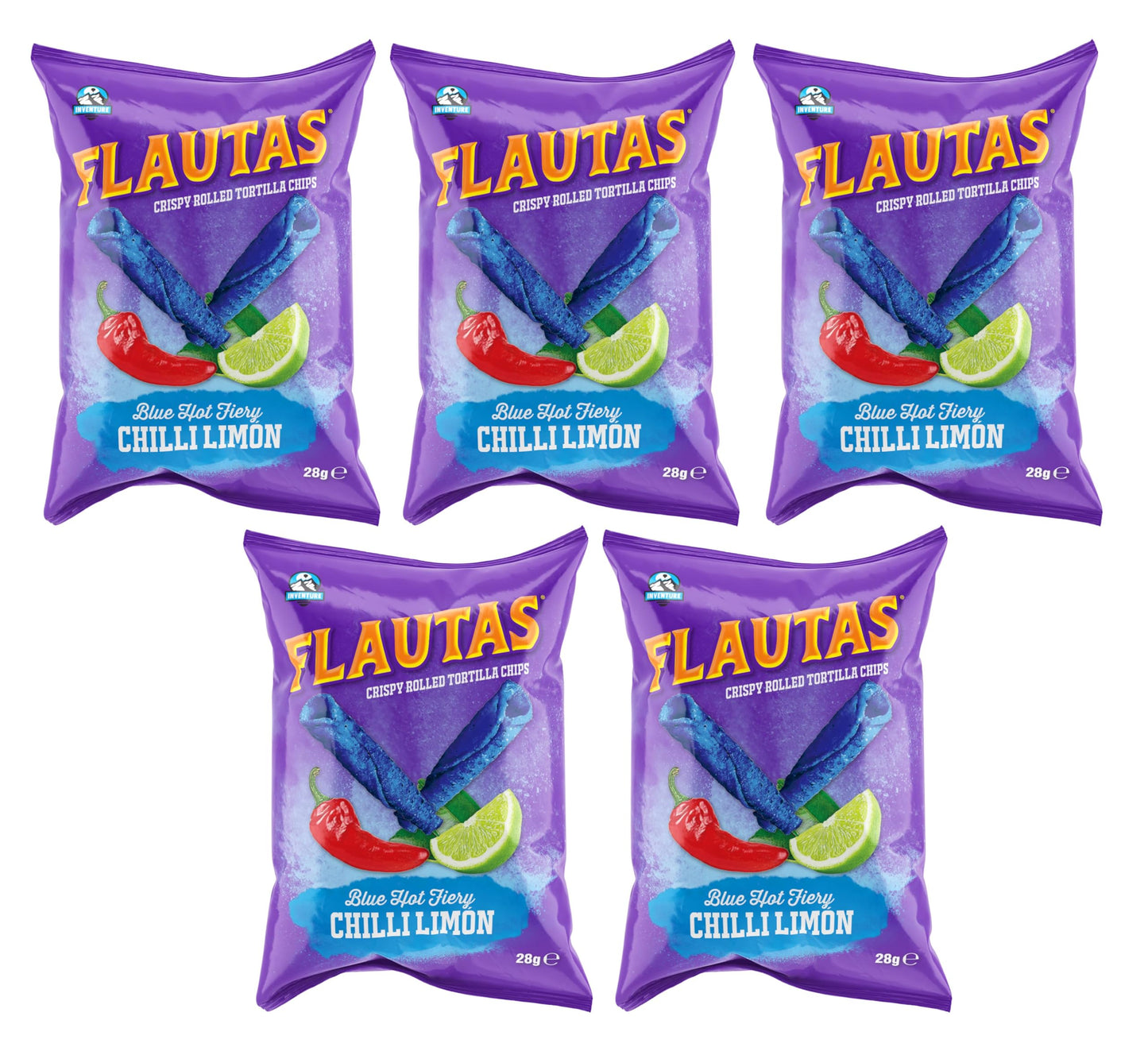 Inventure Flautas Blue Hot Fiery Chilli Limon 28g x 5 - (Fiery Red Hot Chilli and Lime Flavoured Rolled Tortilla Corn Snacks) - Similar to Takis
